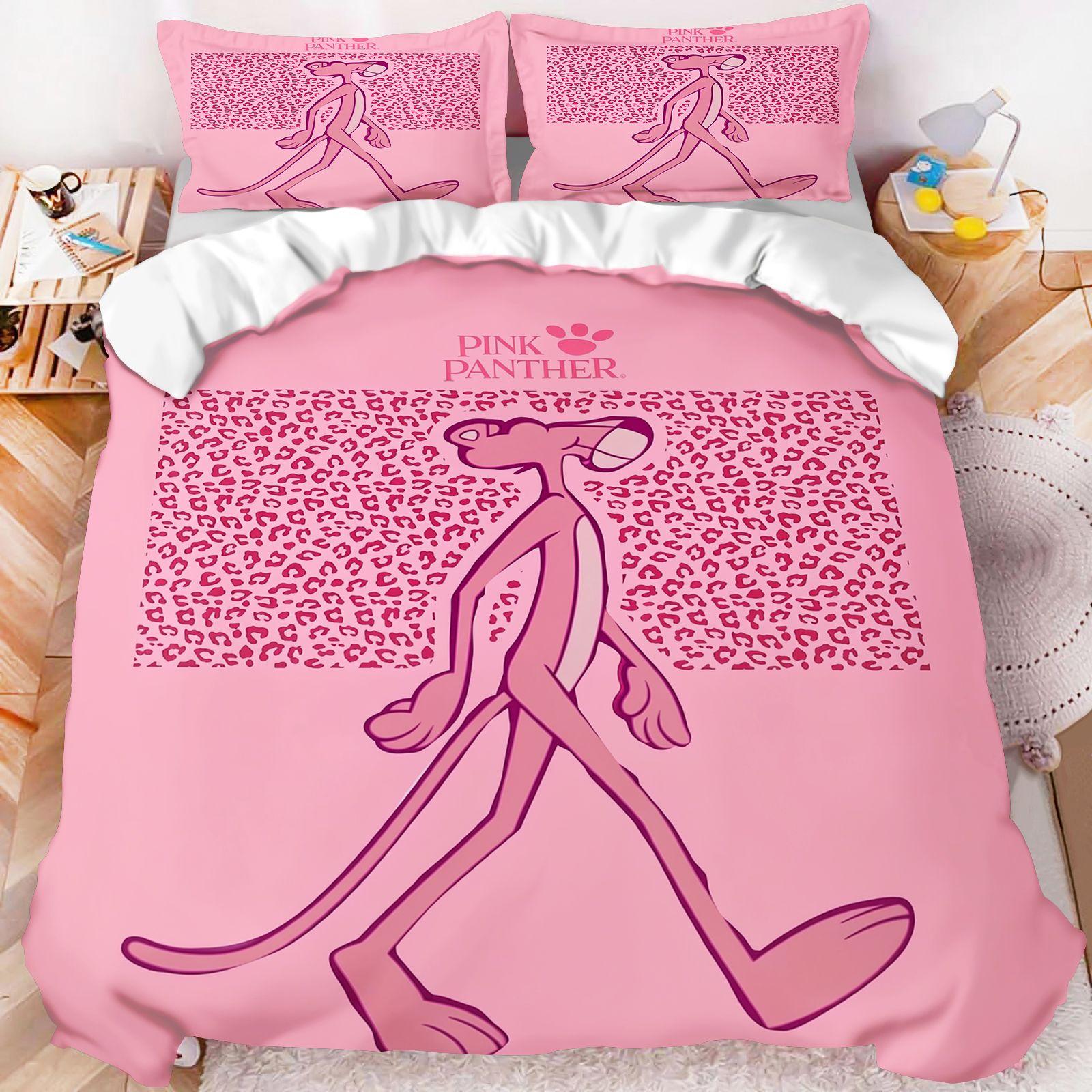 Panthère Rose Dessin Animé Housse de Couette Ensemble de Linge de Lit Fond Rose Vif Imprimé Taie d'Oreiller Mignonne Chambre de Filles Housse de Couette Noël 135X200CM
