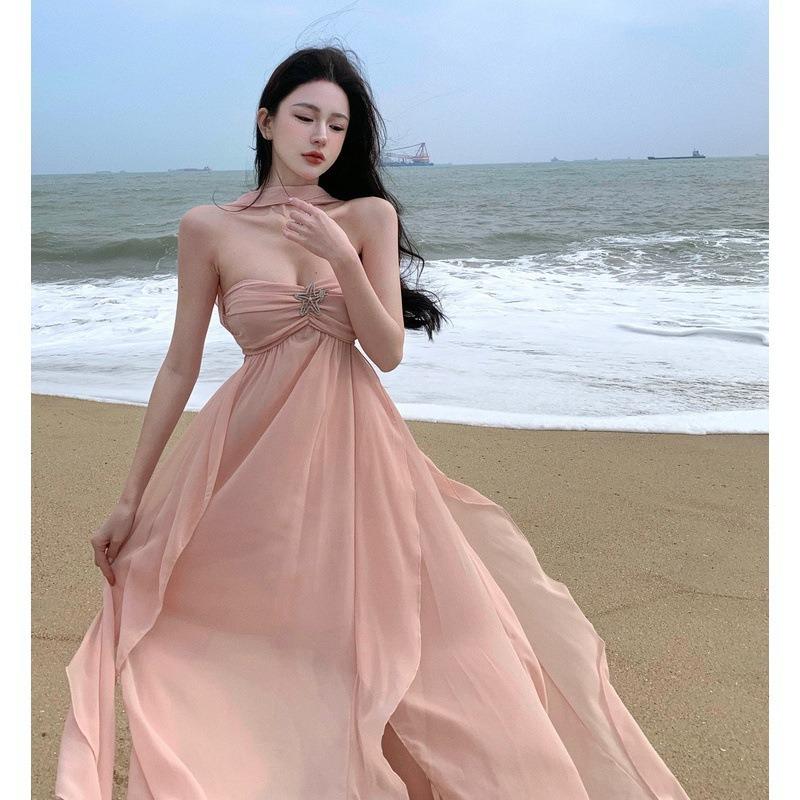 Summer New Vacation Niche Neck Tube Top Dress Femininity Thin Ruffle Skirt Vacation Dress