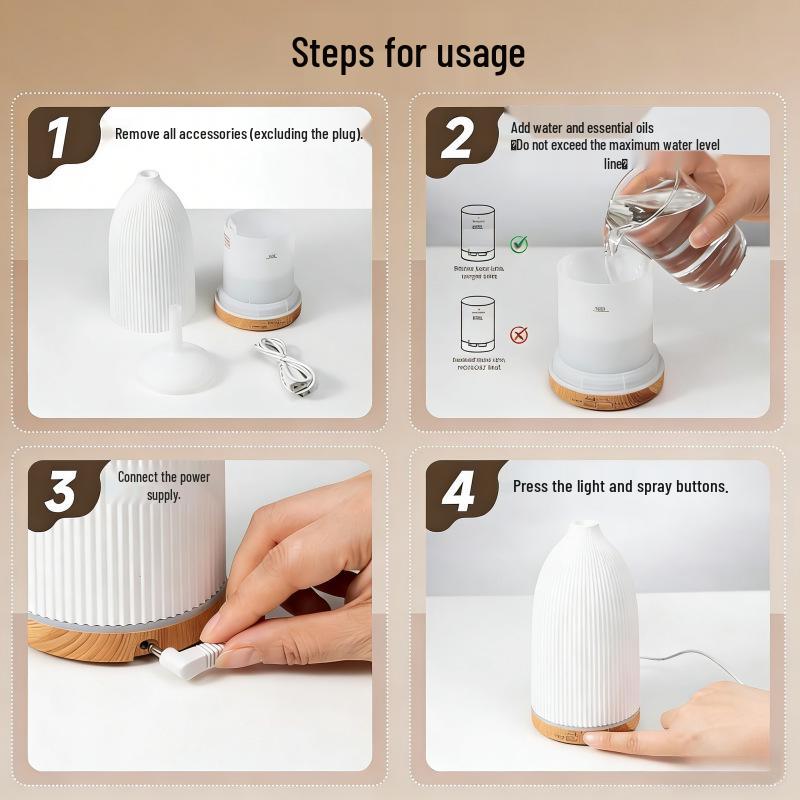 Smart Aromatherapy Diffuser & Humidifier, White Roman Pattern, Wood Grain, 7-Color LED, Silent Home Use