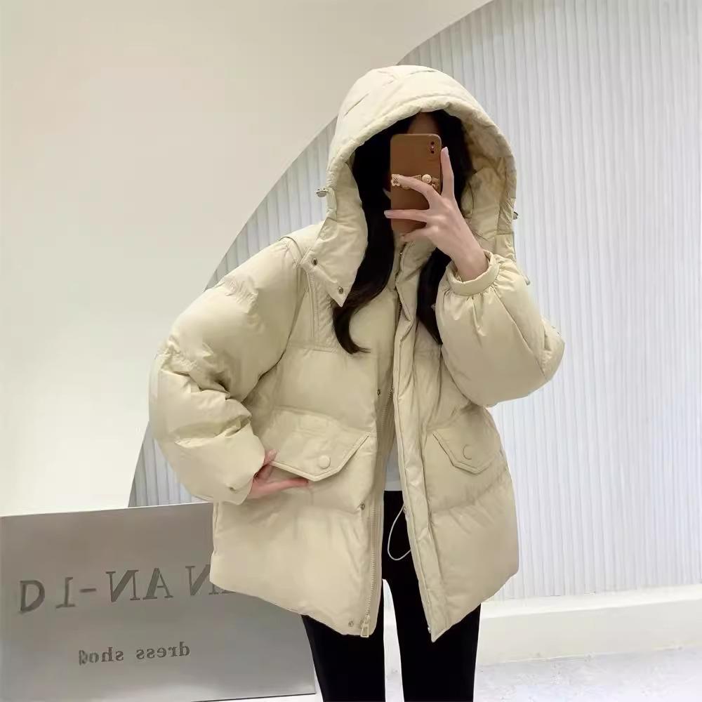 New counter high-end winter clothing hooded waist down jacket women's medium and long casual loose thickened white duck down