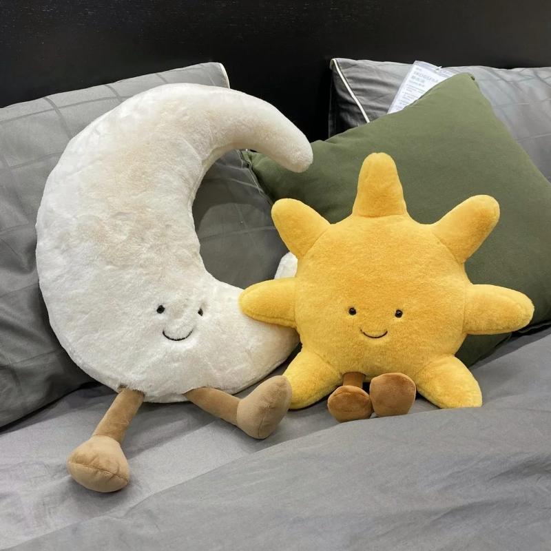Smile Face Moon Yellow Sun Plushie Cushion Stuffed Cute Weather Plush Toy for Kid Bedroom Decor Sofa Throw Pillow for gift
