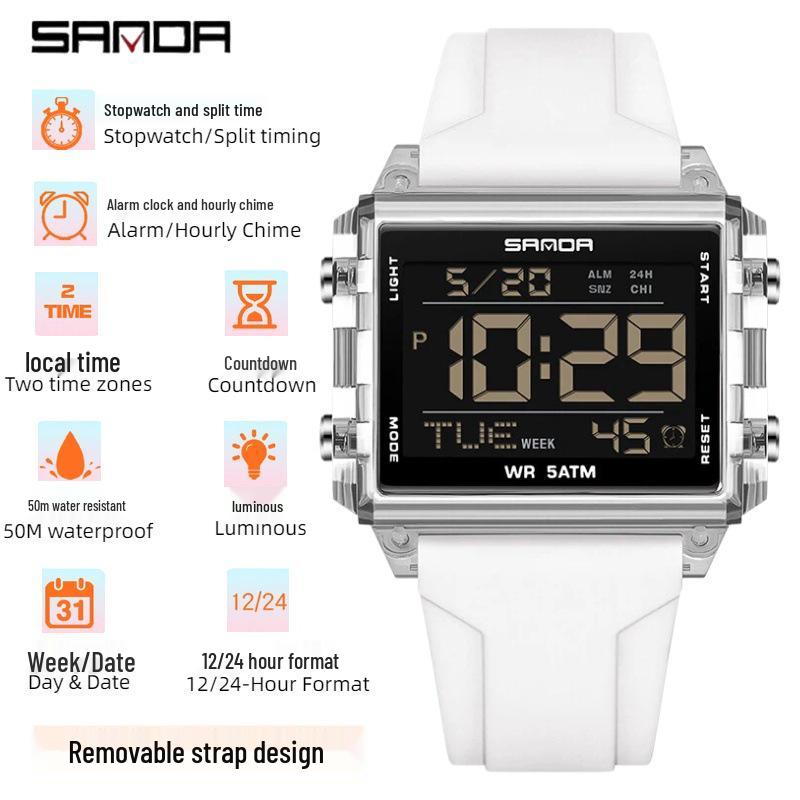 Sanda Dual Time Waterproof Transparent Sports Wristwatch with Colorful Single Display and Student Timer Function