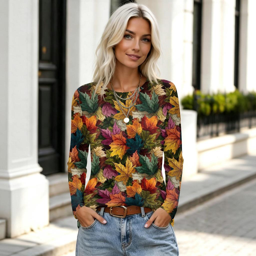 Women's Long Sleeve Neck Pullover Top with Leaf Print for Casual Daily Wear
