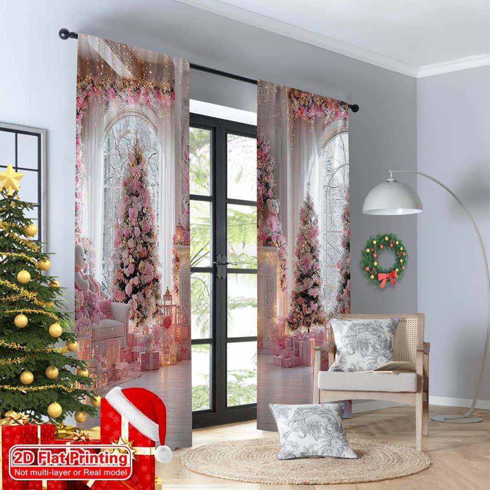 2pcs 2D flat printing Christmas Drapes Pink fireplace Machine Washable Fabric Without Electricity Spring Party & Holiday Decor