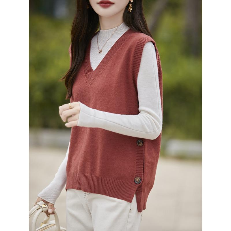 Vintage V-Ausschnitt Strickweste Damen Frühling und Herbst Oberbekleidung Einfarbig Casual Pullover Weste Schulter