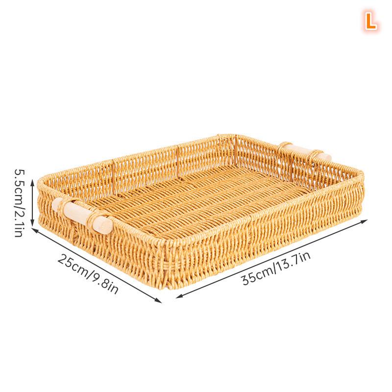 Multi-Use Pp Woven Storage Basket With Wooden Handle Modern Rectangular Shallow Bin For Living Room Bedroom Kitchen Hotel Servic