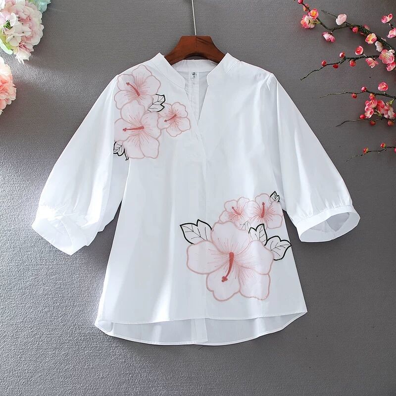 Shirt Women Chiffon Flower Embroidery Blouse V Neck  Office Ladies Tops Casual High Quality Summer Puff Sleeve