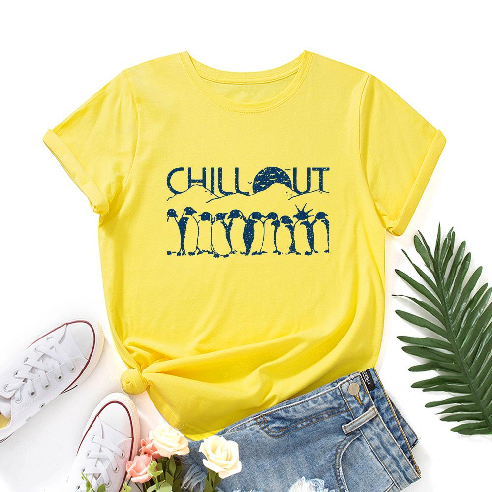Penguin Cotton T-Shirt Short Sleeve Round Neck Women 2d Print Tops