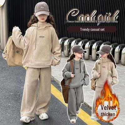 Girls' Fleece-Lined Hooded Sweatshirt - Warm, Fashionable Korean Style for Autumn/Winter