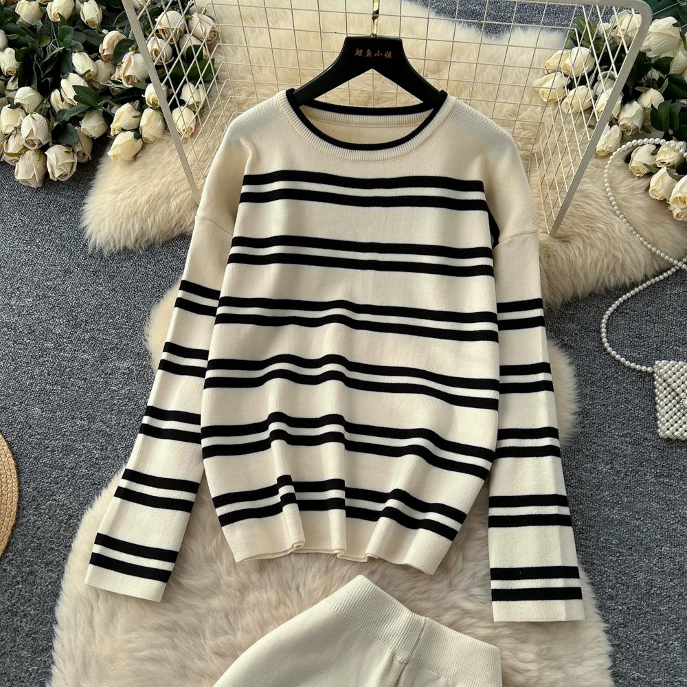 Autumn Winter Women Casual Striped Knitted Sweater Trouser Two Piece Set Full Sleeve Pullover Tops and Wide Leg Pant Tracksuit