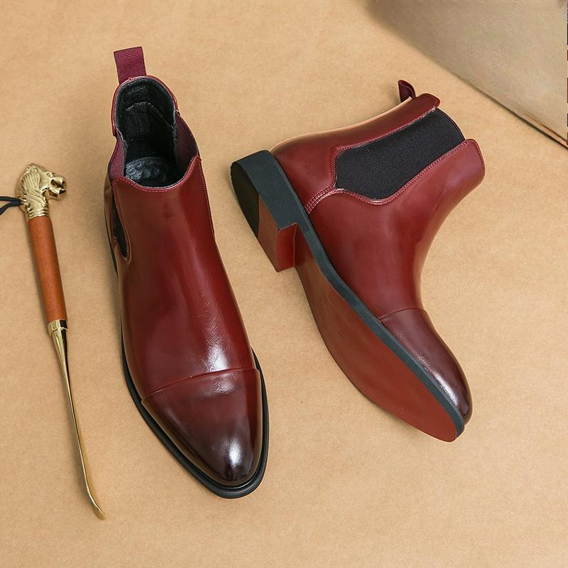 Autumn and Winter Pointed-toe Large Size Men's Boots, High-top Leather Shoes, Red Soles, Martin Boots, British Casual Chelsea Boots