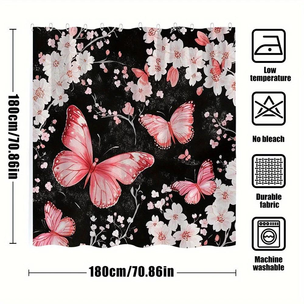 1pc Japanese Ukiyo-e Inspired Cherry Blossom & Pink Butterflies Shower Curtain - Black Background Whimsical Nature Art,