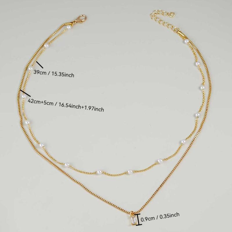 1pc Minimalist Faux Pearl Square Pendant Necklace With Double-Layer Chain, Suitable For Women's Daily, Date, Music Festival