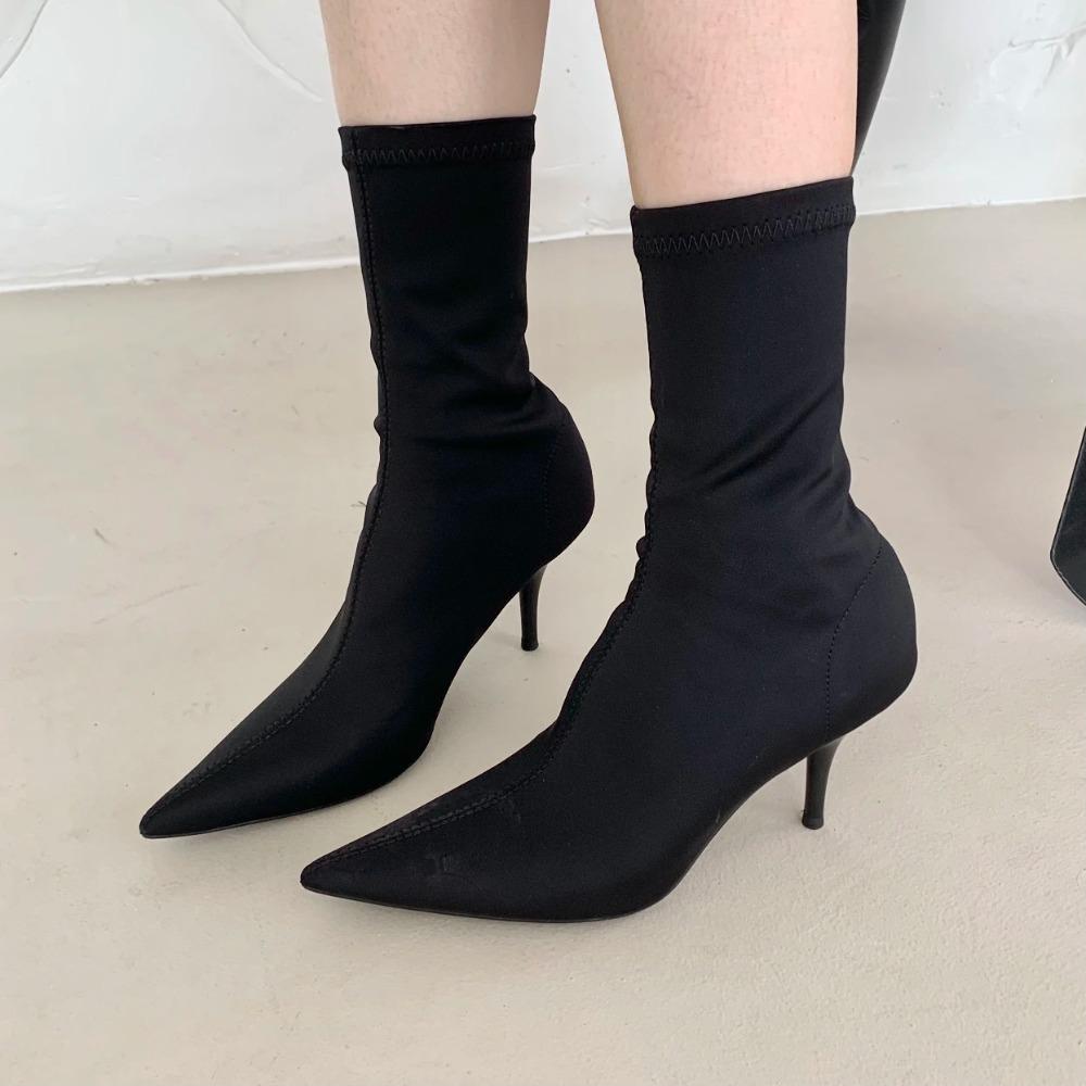 Stivali alla caviglia da donna in tessuto elasticizzato Autunno Primavera Punta appuntita sexy Tacco alto Moda Calzini da donna Scarpe con tacco a spillo