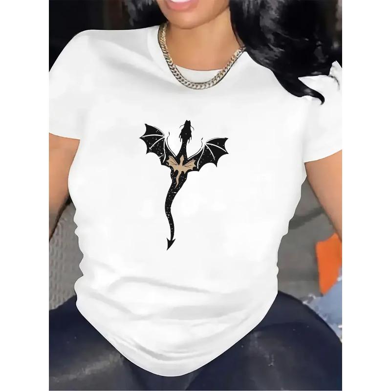 Women'S Black and White Dragon Graphic T-Shirt - Stylish Polyester Crew Neck, Lightweight & Durable, Perfect for Home Wear, Living Room,