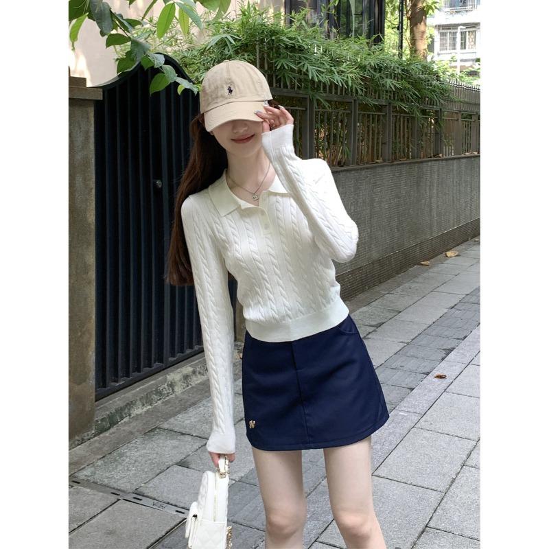 Vintage Twist Polo Collar Wool Knitted Sweater Autumn New Niche Primer Sweater Long Sleeve Short Top Women