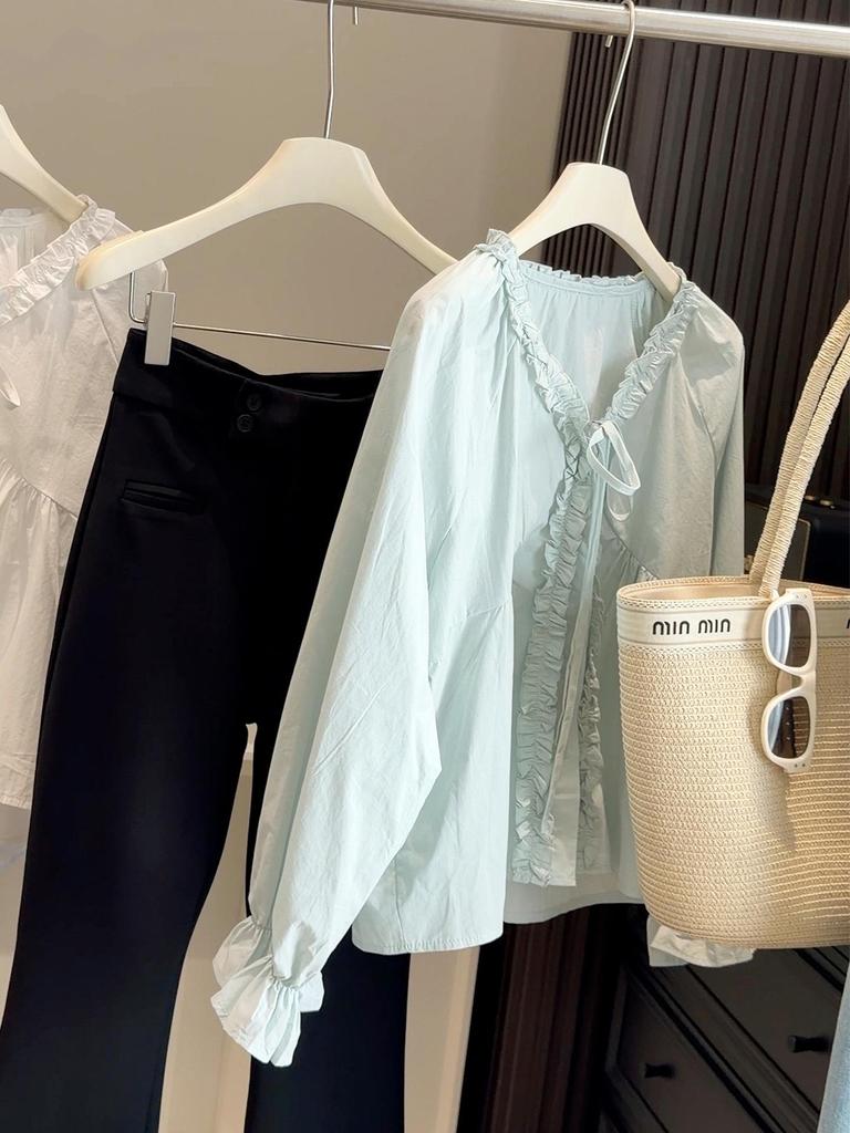 Korean Style Ruffle Patchwork Long-Sleeve V-Neck Lantern Top for Women - Spring Design
