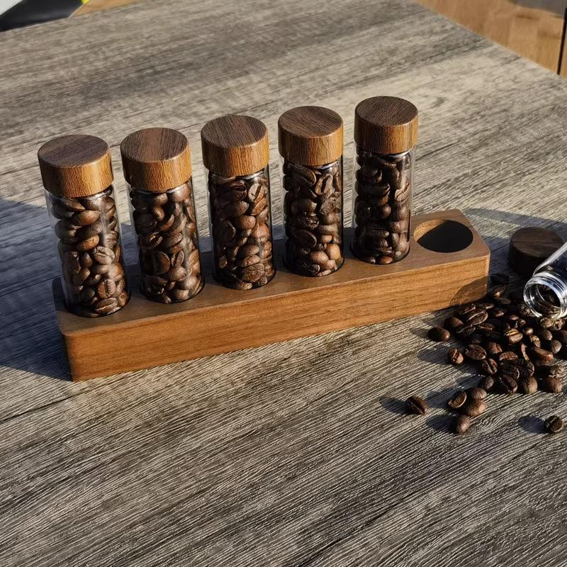 Wooden Coffee Beans Flower Tea Display Rack Stand Glass Test Tube Sealed Storage Cereals canister