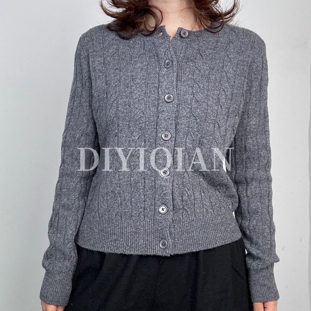 DIYIQIAN Damen Klassischer Retro Zopfmuster Woll-Cardigan - Herbst/Winter Rundhals Vielseitiges Oberteil