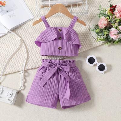 2024 New Summer Girls Solid Color Pleated Halter Top + Shorts Casaul Suit with Belt Children Clothing Kids Beach Holiday Outfit