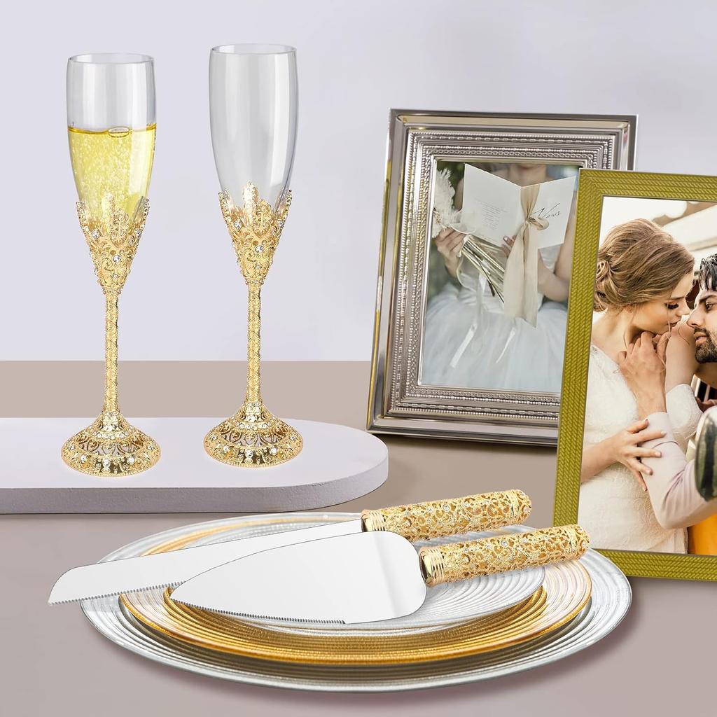 Champagne Flutes-Set of 2 Champagne glasses, Crystal Glasses&Metal Base, Toasting Flute Pair, Wedding Anniversary, Party,Birthday,Banquets,Gifts for