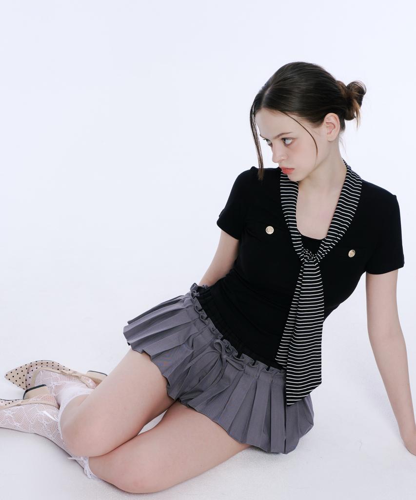 Akeumeseodeu Scarf Detail Button Tee (Black)
