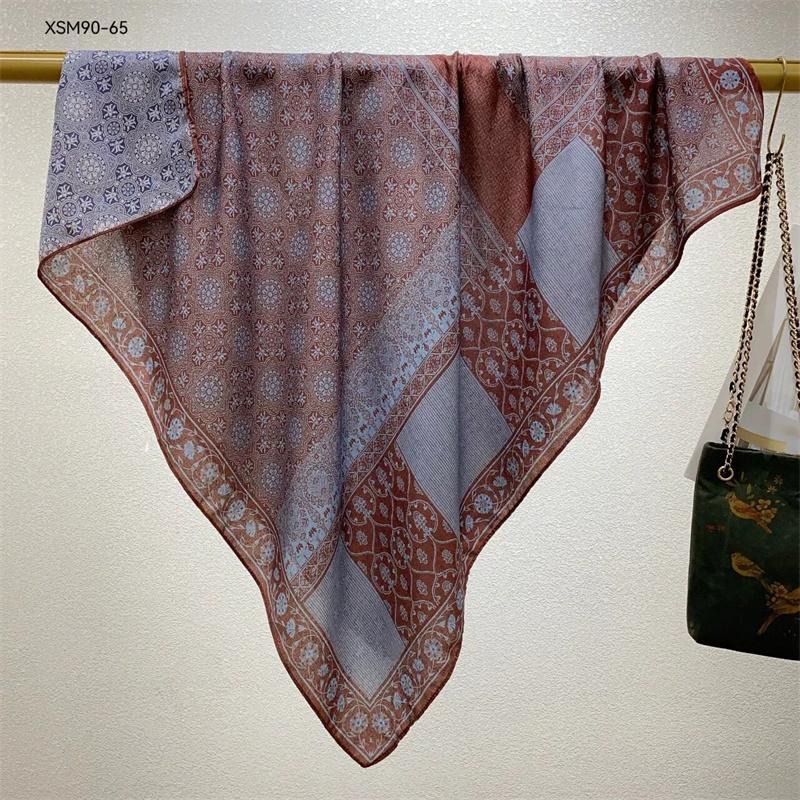 Double-Sided Faux Silk And Wool Printed Scarf For Women Spring And Autumn 90Cm Square Scarf Foulard Bandana Femmel Headscarf