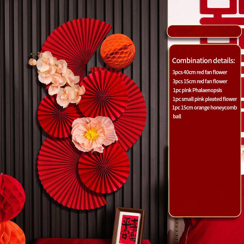 6PCS Red Hanging Paper Fan Chinese New Year Wedding Paper Fans Set Flower Paper Craft Background Wall Decor DIY Party Supplies