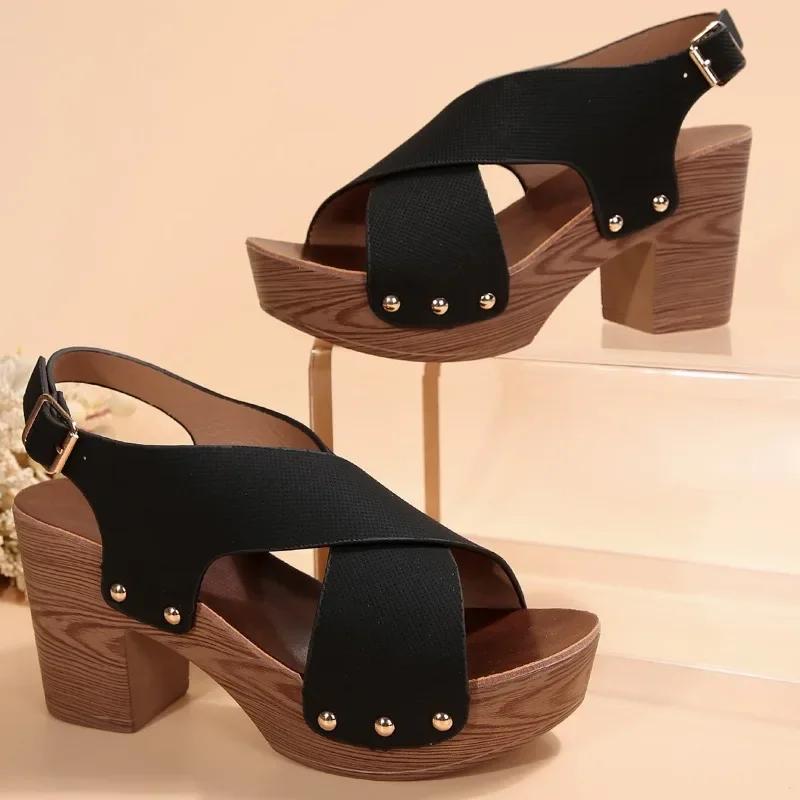 Fashion 2024 New Hot Selling Fashion Versatile Solid Color Women's Sandals Buckle Comfortable Thick Sole Open Toe Summer Zapatos