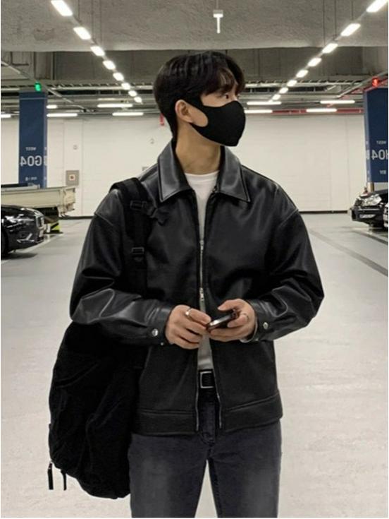 Men's Black Leather Pilot Jacket - Spring/Autumn Trendy Retro Motorcycle Style