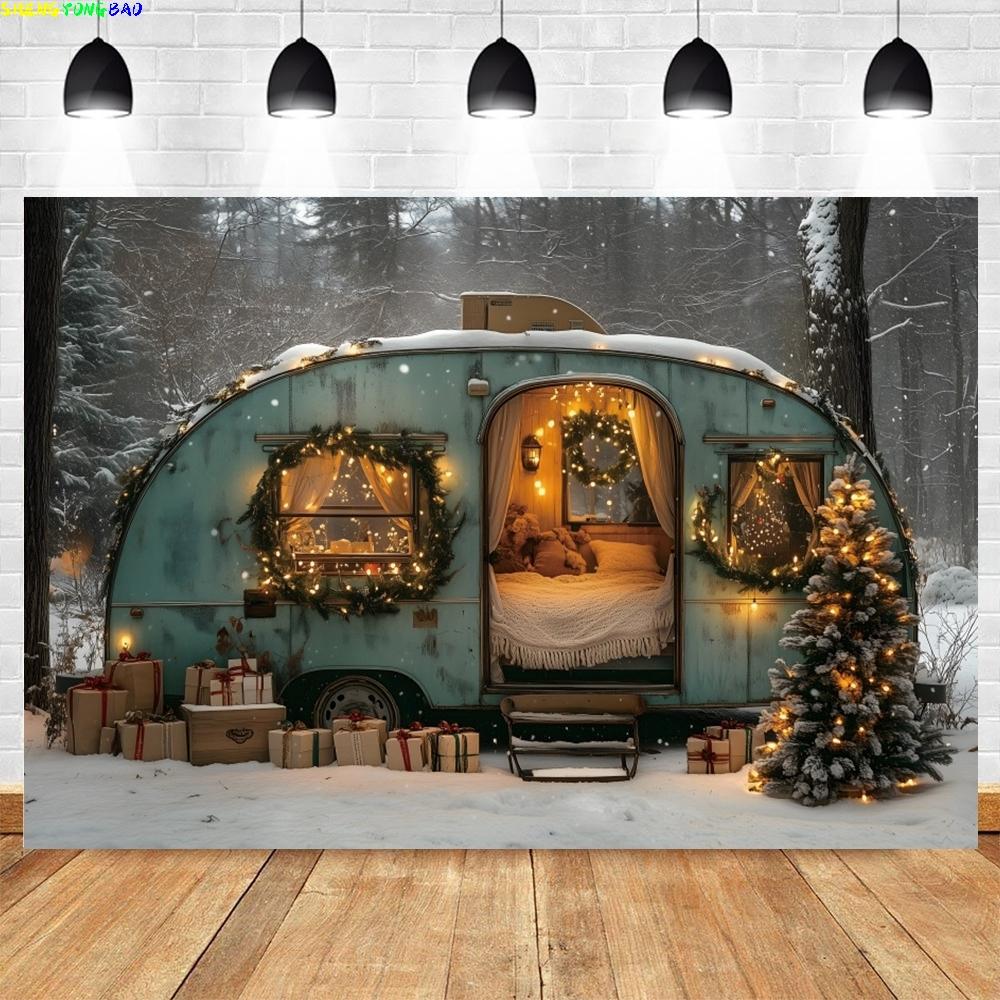 Winter Christmas Car Photography Background Camping Car Forest Xmas Trees Kids Family Portrait Decor Backdrop Photo Studio Props