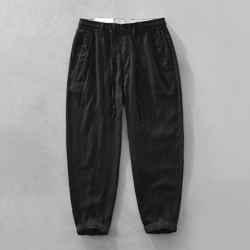 Men s Summer Thin Pure Linen Casual Pants, Japanese Retro Loose Straight-Leg Versatile Drawstring Tapered Pants Black L