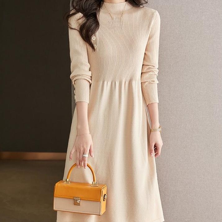 Rochie Tricotată de Toamnă și Iarnă pentru Femei Lungime Medie Rochie Pulover Culoare Solidă Pulover Tricotat cu Guler Mediu