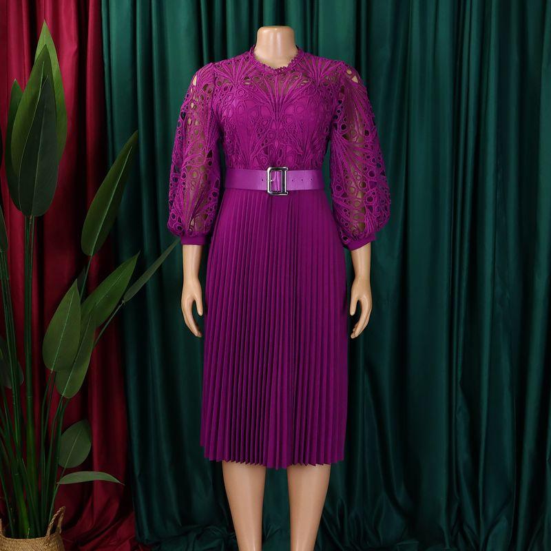 

European and American Women clothes 2025 New Temperament Solid Lace Crochet Hollow Pleat Pleated Cross-Border Dress Dress Rose Red L