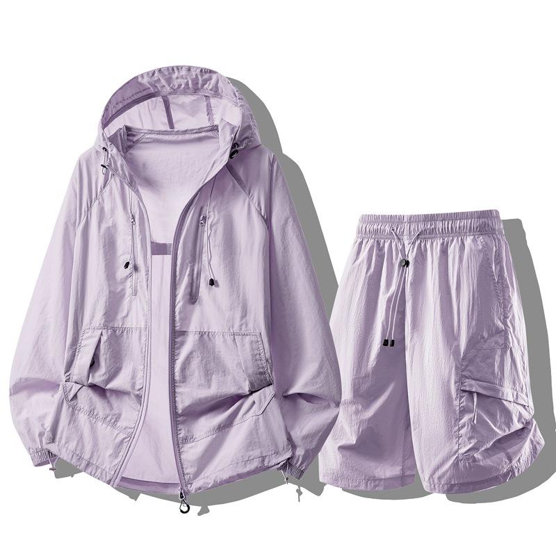 Summer Men Women Sunscreen Twinset Clothing Quick Dry Hooded Top And Shorts Set Hooded Men Women Sun Protection Clothing Suit