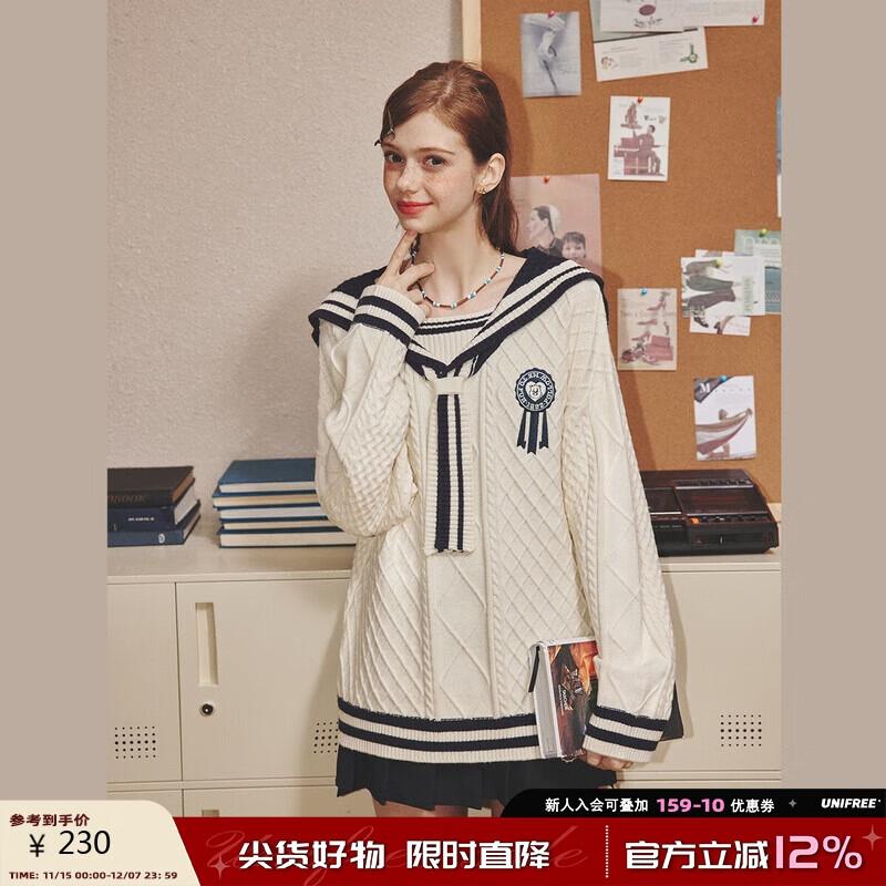 

UNIFREE Women s Retro Navy Collar Color Block Pullover Sweater M