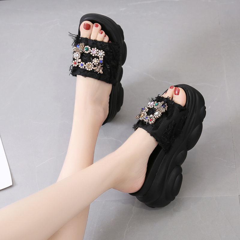 Bow-tie thick-soled slippers for women's summer outer wear, new fashionable rhinestone muffin, inner height-increasing slope heel sandals