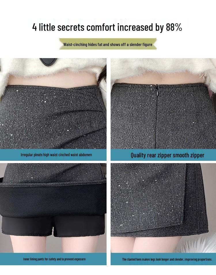 Black Sequined Woolen High-Waisted A-Line Skirt for Autumn/Winter - Slimming, Hip-Hugging, Irregular Hem, with Anti-Exposure Design.