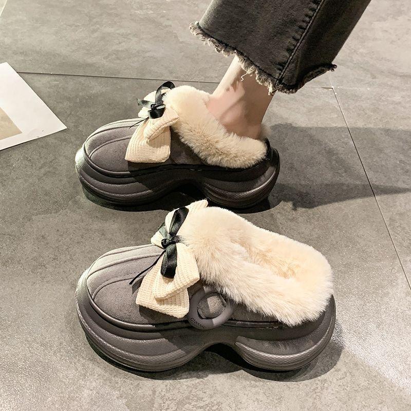 Baotou retro bow plush warm fluffy slippers women's non-slip cotton slippers women's autumn and winter new models