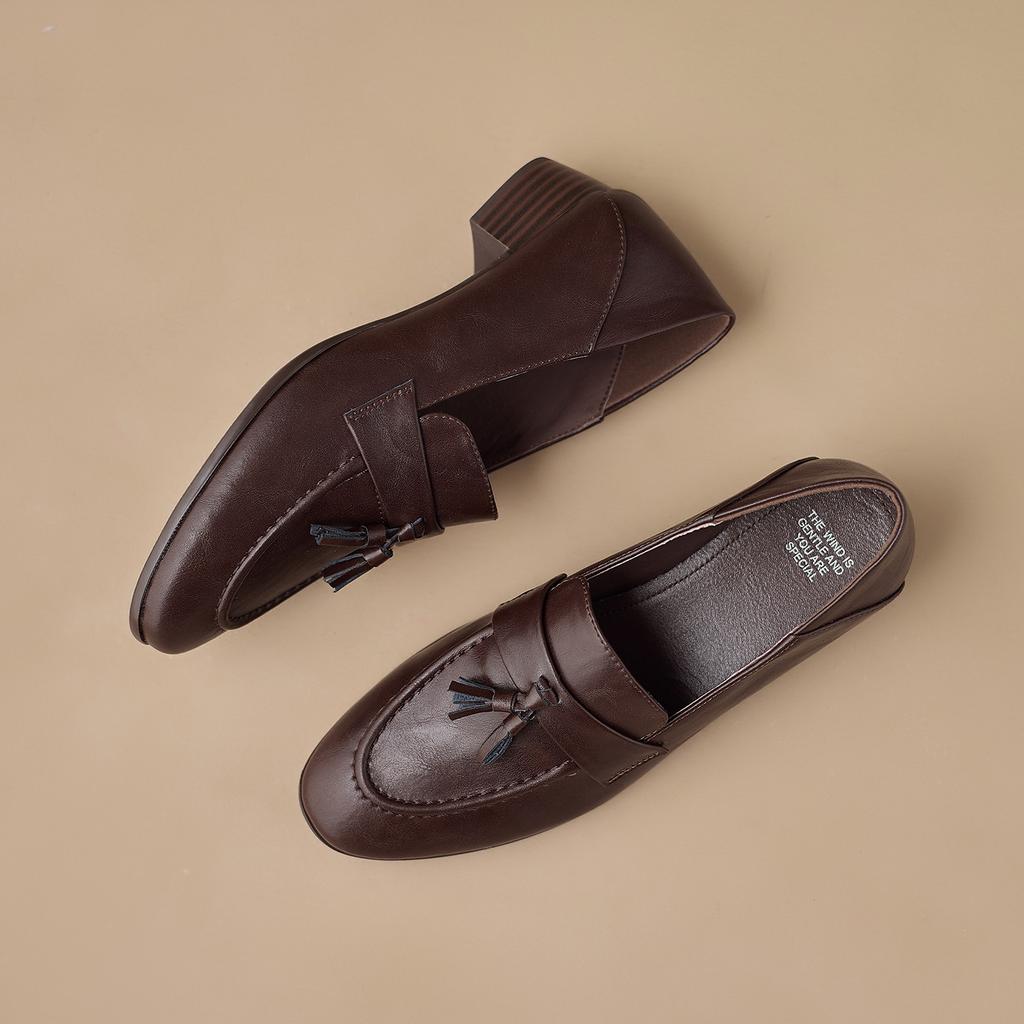 Mute sole/all leather thick heel single shoes femininity commuting small leather shoes soft sole comfortable women