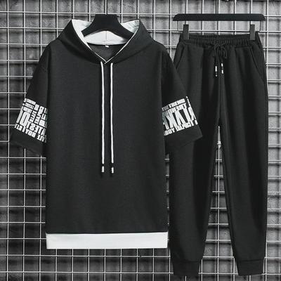 Tuta Sportiva Estiva da Uomo Stile Coreano - Felpa con Cappuccio a Maniche Corte & Pantaloni Casual Set Due Pezzi per Adolescenti alla Moda