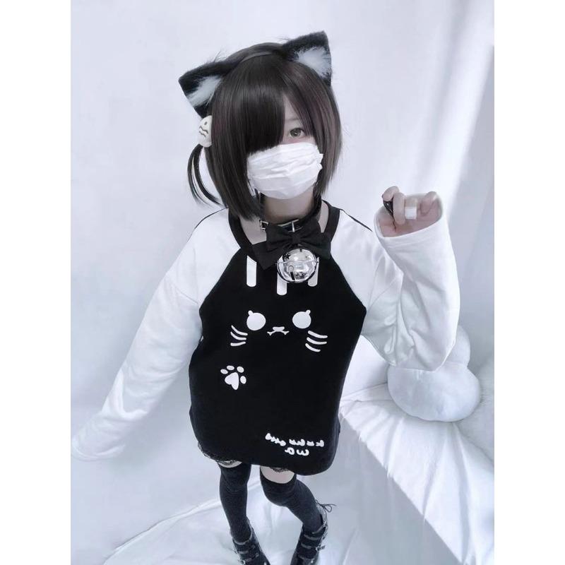 TrendHub Spring Subculture Sweet Cute Long Shirts Print Long-sleeved Loose T-shirt Woman Y2k Black White Kawaii 2000s Blouse