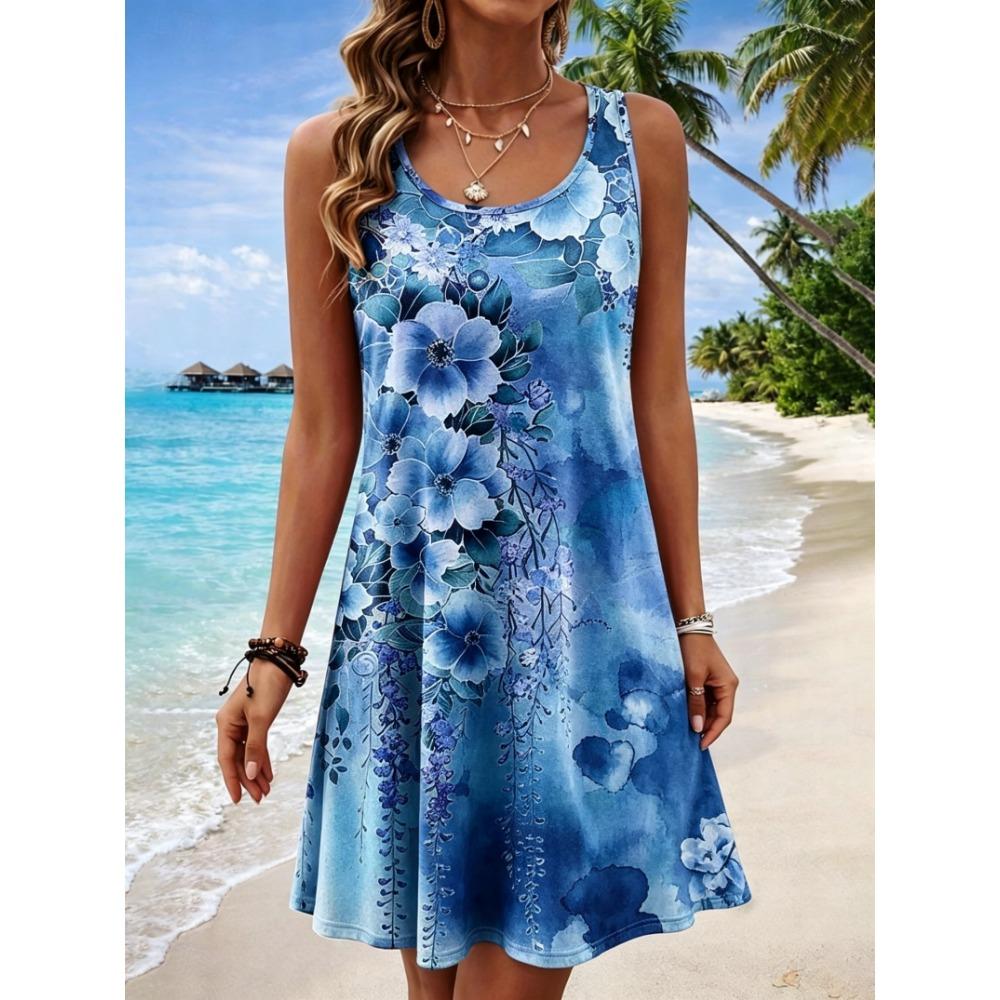 Women's Round Neck Sleeveless Watercolor Lotus Print Casual A-Line Mini Dress, Beach Tank Dresses for Spring & Summer
