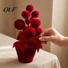Holiday Desk Decorations Velvet Christmas Ball Potted Plants, Mini Tree with Artificial Pine, Tabletop Red Berry, Fabric Bow, Centerpiece for
