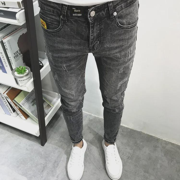 Men's Trendy Ripped Skinny Jeans - Spring Korean Style, Slim Fit, Nine-Point Length