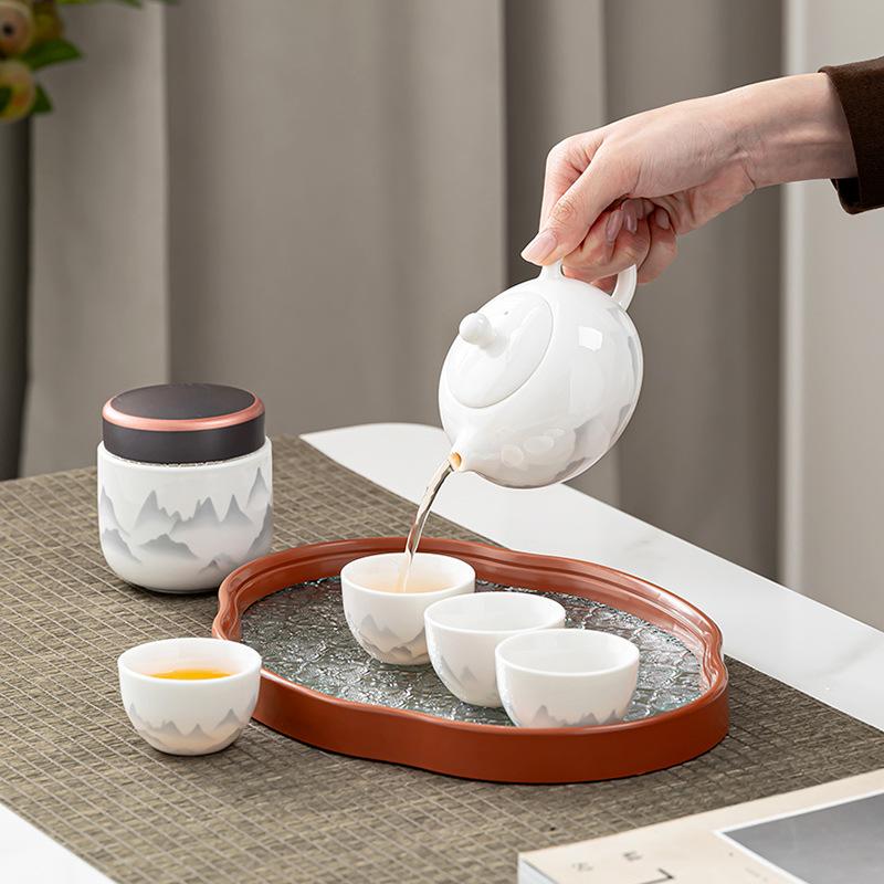 Travel tea set, high-end Dehua suet jade ink landscape with tea tray, high-end business set