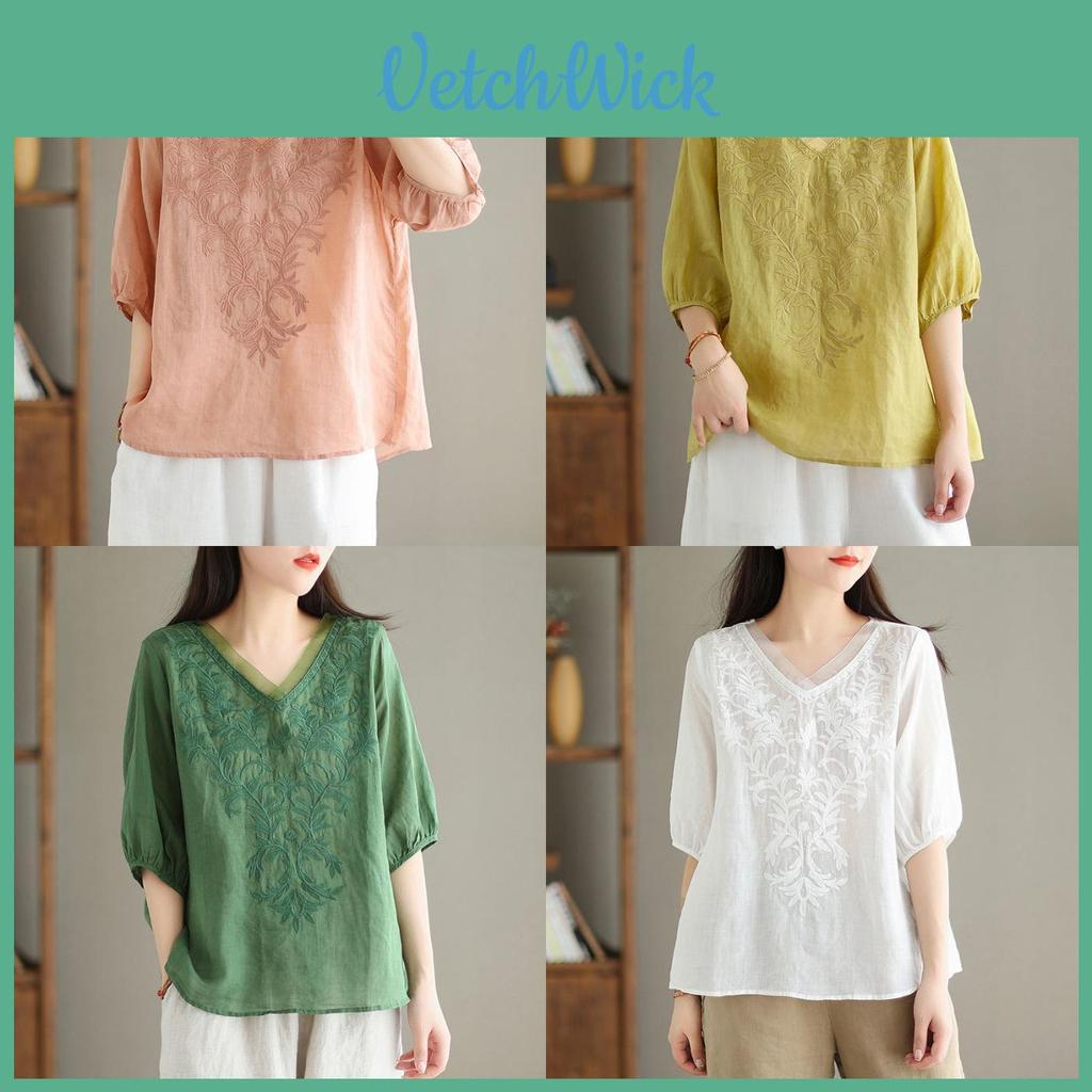 Cotton Embroidered Womens Short Sleeve Blouse For Summer Casual Wear