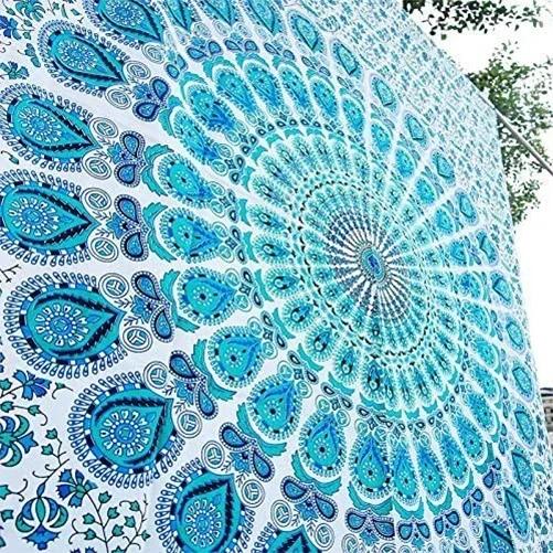 Indischer Hippie Bohemian psychedelisches Goldenes Blau Pfauen Mandala Wandbehang Feine Kunst Heimdekoration Wandteppich