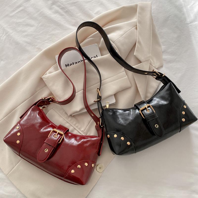 New Designer Buckle Armpit Bag Vintage Y2k Rivet Shoulder Bag Gothic Pu Leather Spicy Girl Hobo Handbag For Women