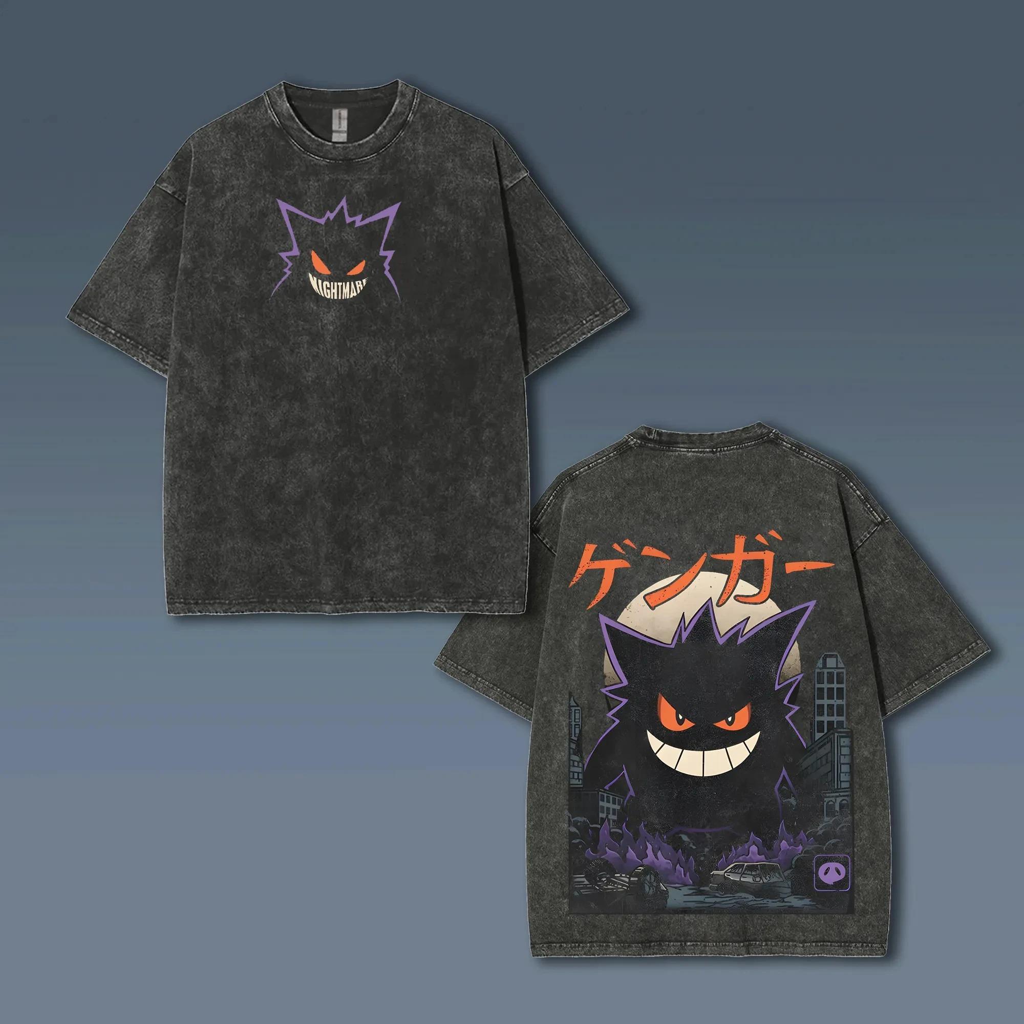 Fashion Hip Hop Clothes Pok&eacute;mon Animatie Afgeleiden Gengar Print Retro Gewassen Korte Mouw T-shirt Heren en Dames 2025 Zomer Mode Kleding S beige
